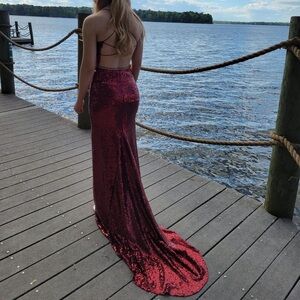red sparkly prom dress, open back, no zipper